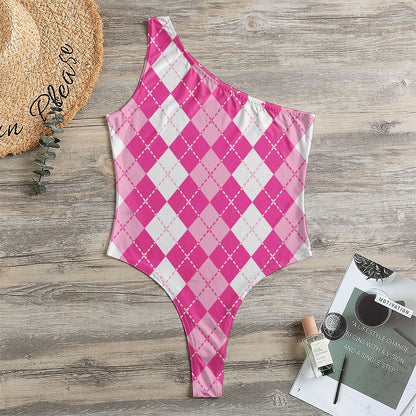 Pink And White Argyle Pattern Print One Shoulder Bodysuit