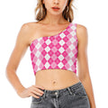 Pink And White Argyle Pattern Print One Shoulder Crop Top