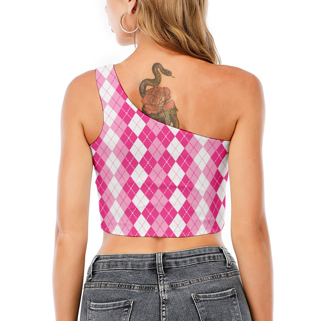 Pink And White Argyle Pattern Print One Shoulder Crop Top