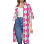 Pink And White Argyle Pattern Print Open Front Beach Cover Up
