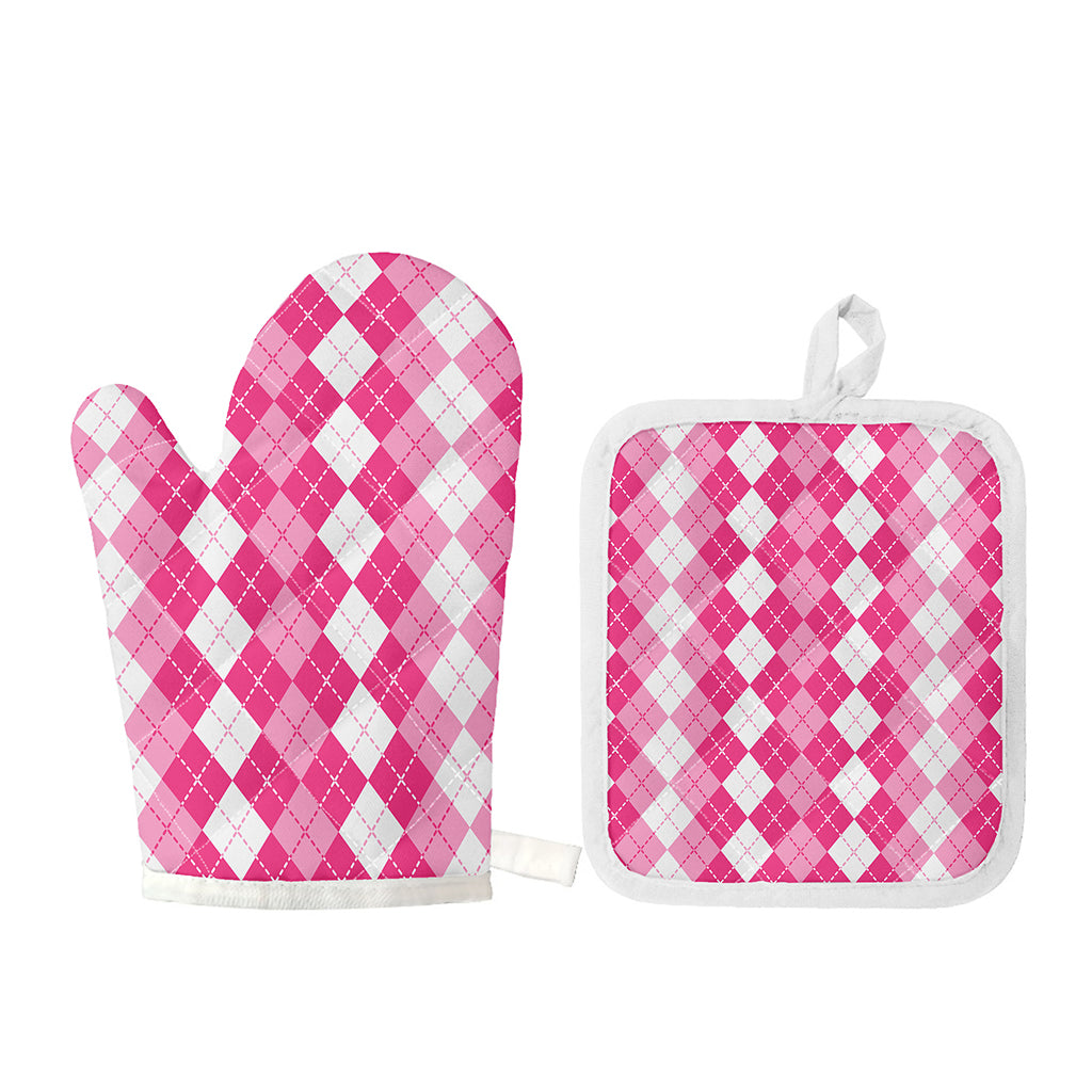 Pink And White Argyle Pattern Print Oven Mitt And Pot Holder Set