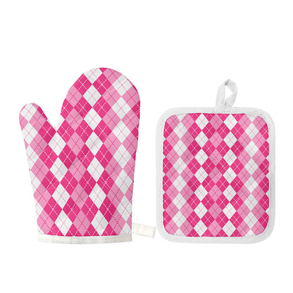 Pink And White Argyle Pattern Print Oven Mitt And Pot Holder Set