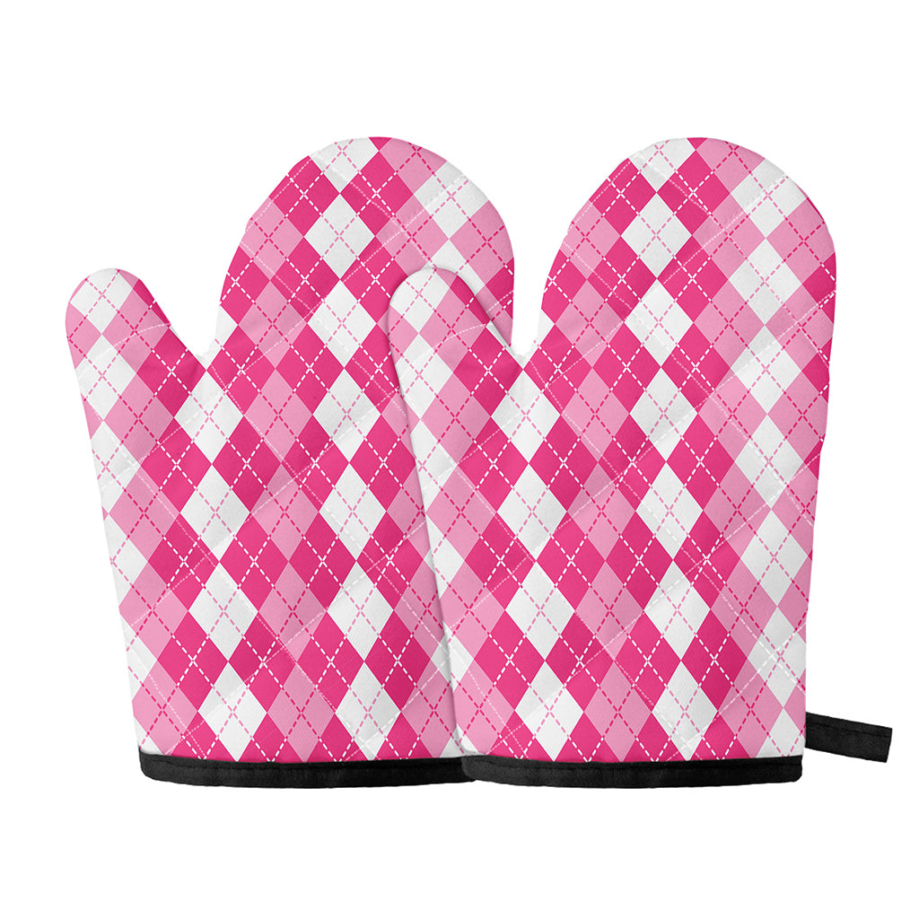 Pink And White Argyle Pattern Print Oven Mitts