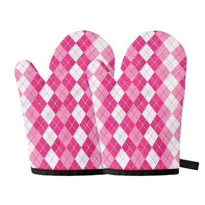 Pink And White Argyle Pattern Print Oven Mitts