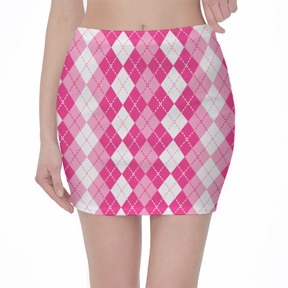Pink And White Argyle Pattern Print Pencil Mini Skirt