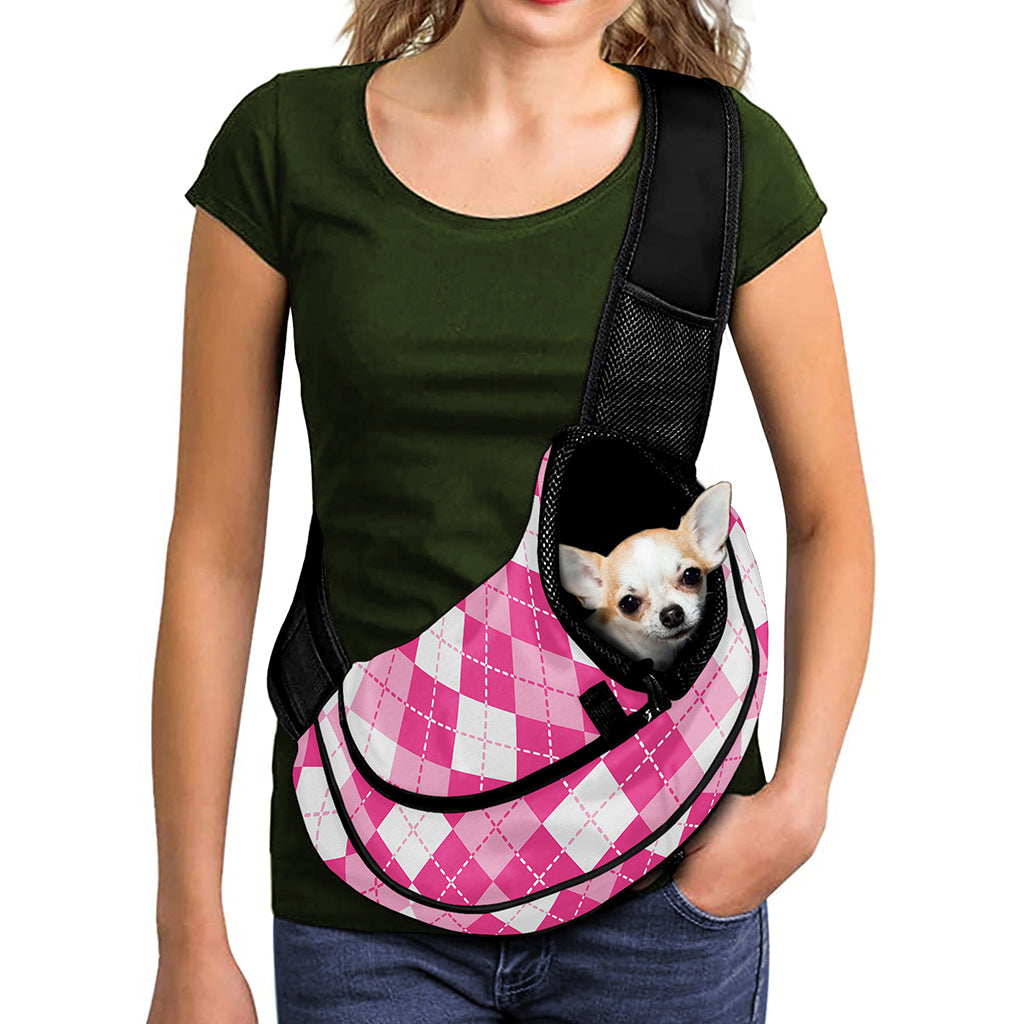 Pink And White Argyle Pattern Print Pet Sling Carrier