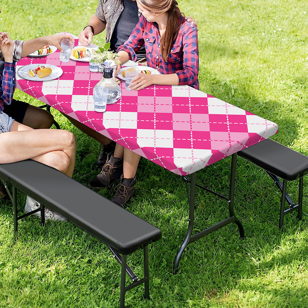 Pink And White Argyle Pattern Print Picnic Table Cover