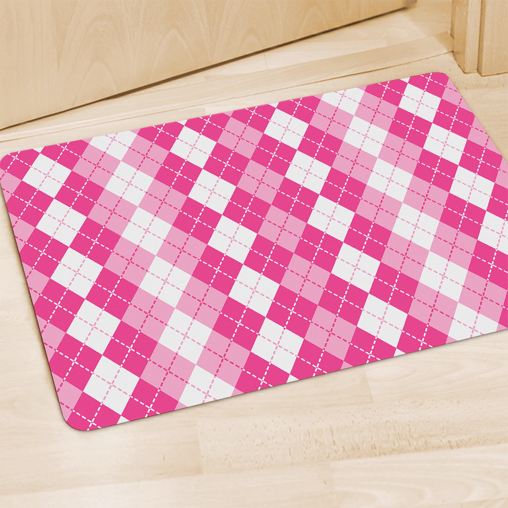 Pink And White Argyle Pattern Print Polyester Doormat