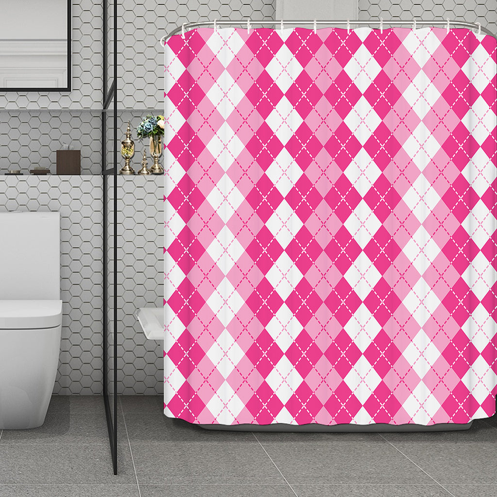 Pink And White Argyle Pattern Print Polyester Shower Curtain