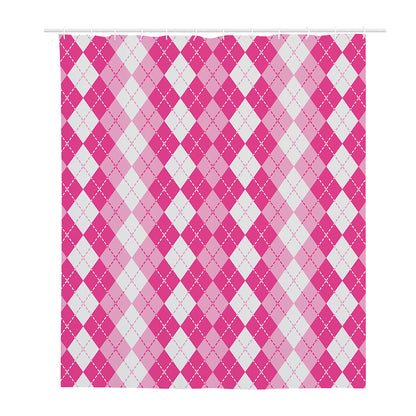Pink And White Argyle Pattern Print Polyester Shower Curtain