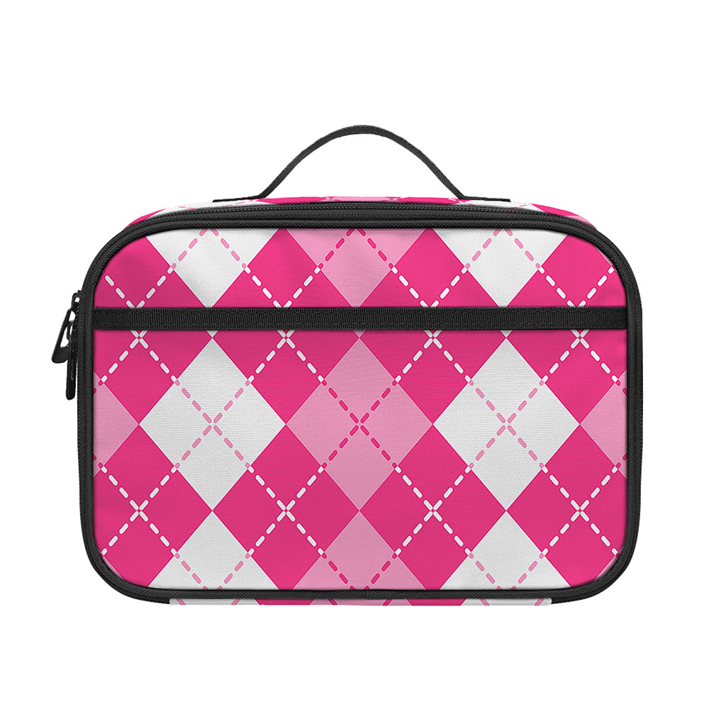 Pink And White Argyle Pattern Print Portable Lunch Bag