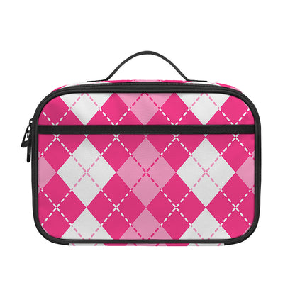 Pink And White Argyle Pattern Print Portable Lunch Bag