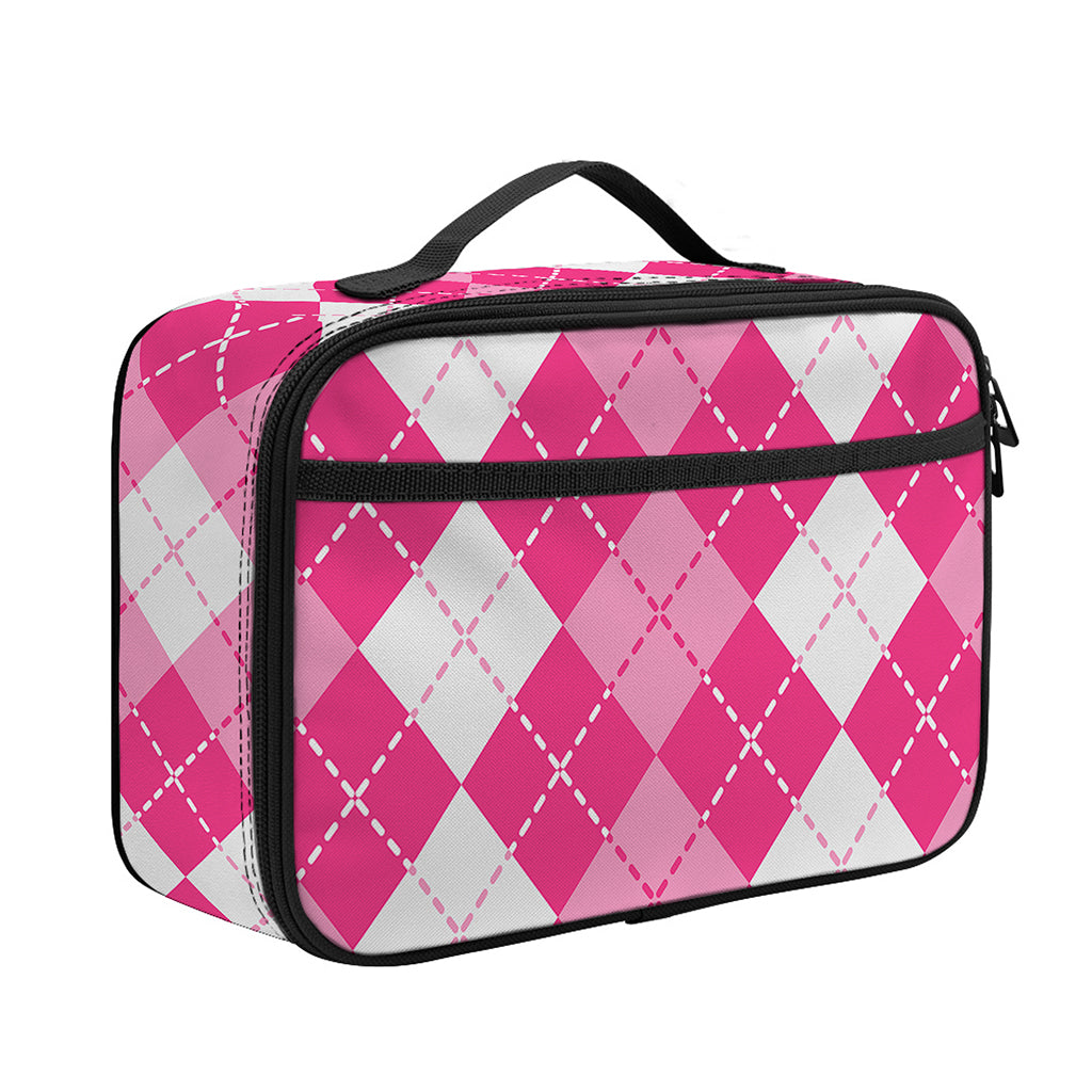 Pink And White Argyle Pattern Print Portable Lunch Bag
