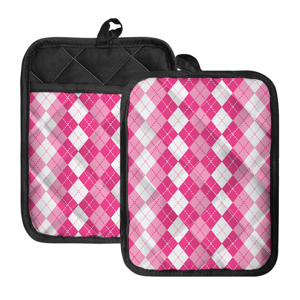 Pink And White Argyle Pattern Print Pot Holders With Pocket