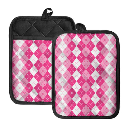 Pink And White Argyle Pattern Print Pot Holders With Pocket