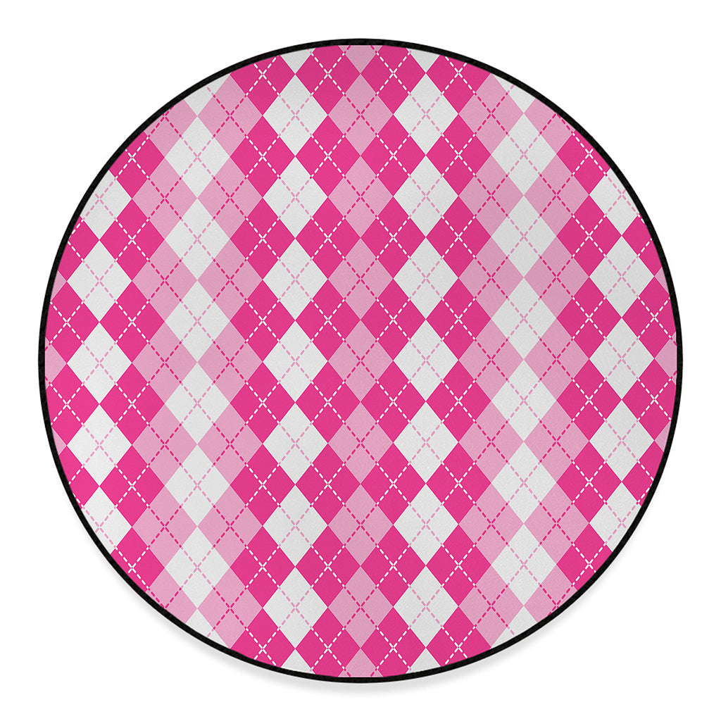 Pink And White Argyle Pattern Print Round Floor Mat