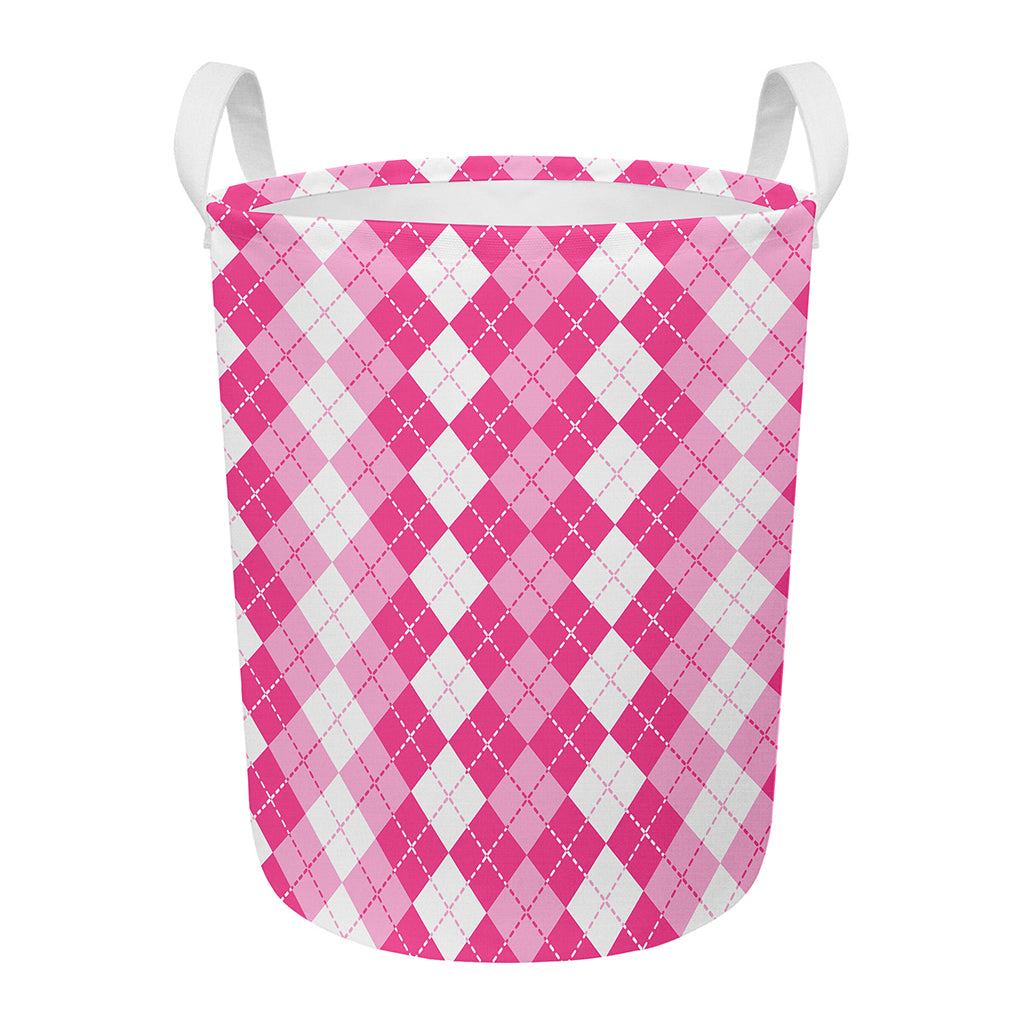 Pink And White Argyle Pattern Print Round Laundry Basket