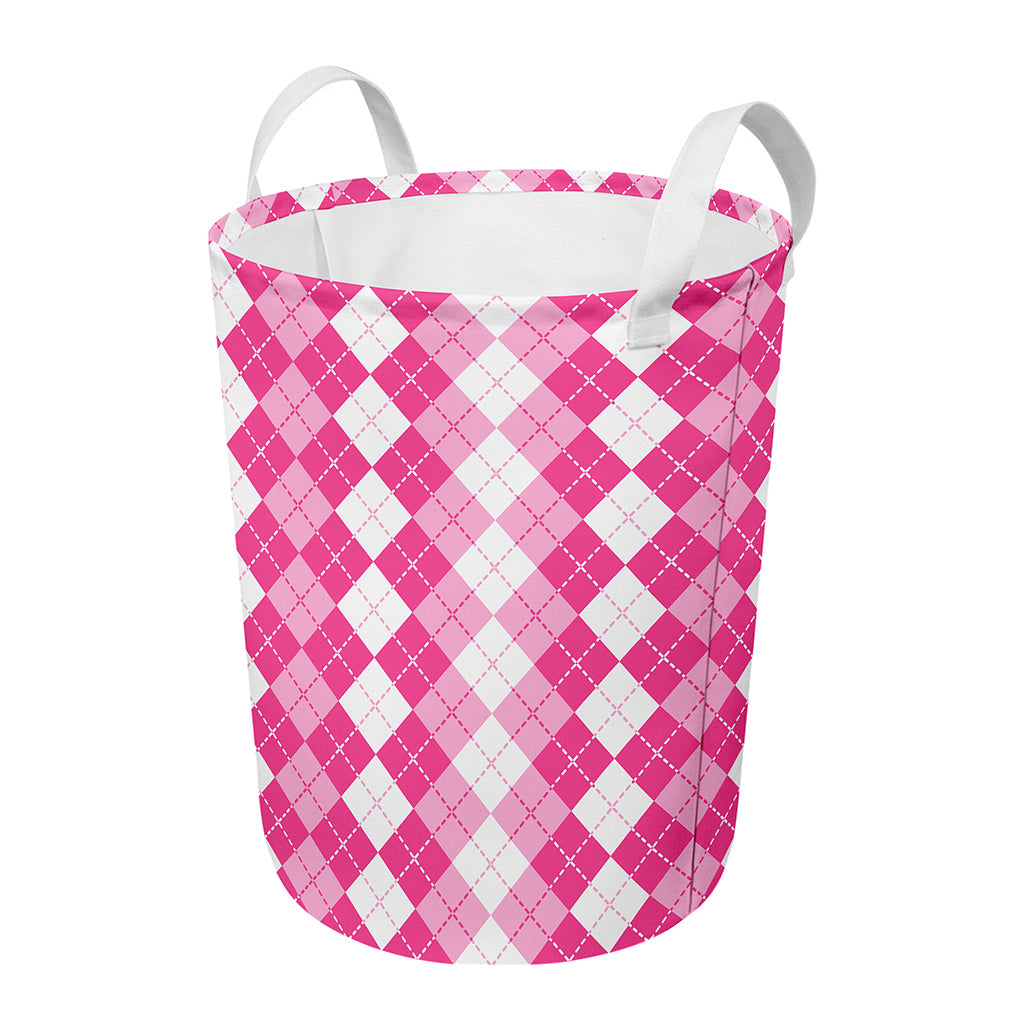 Pink And White Argyle Pattern Print Round Laundry Basket