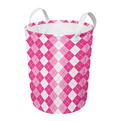 Pink And White Argyle Pattern Print Round Laundry Basket