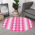 Pink And White Argyle Pattern Print Round Rug
