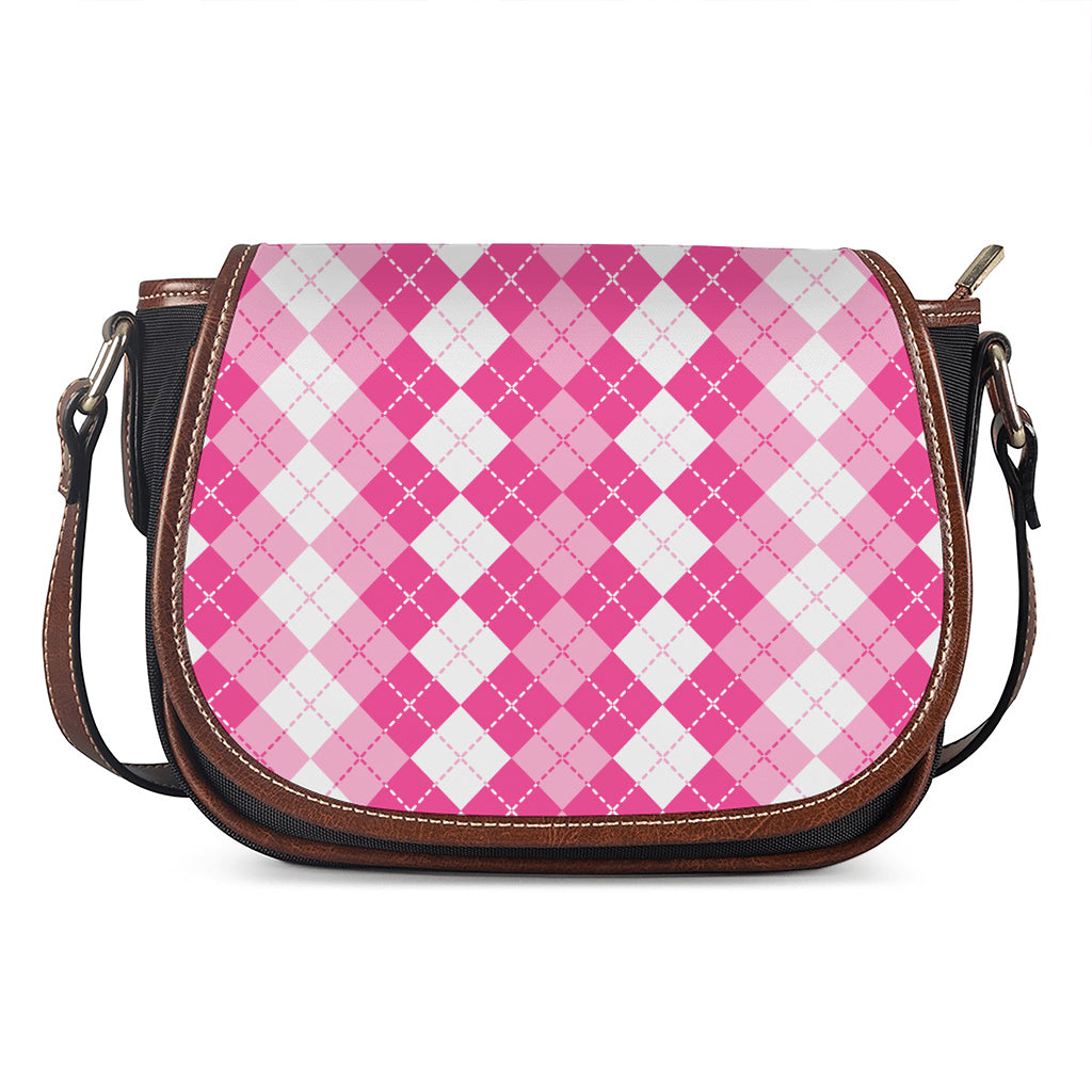 Pink And White Argyle Pattern Print Saddle Bag