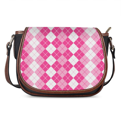 Pink And White Argyle Pattern Print Saddle Bag