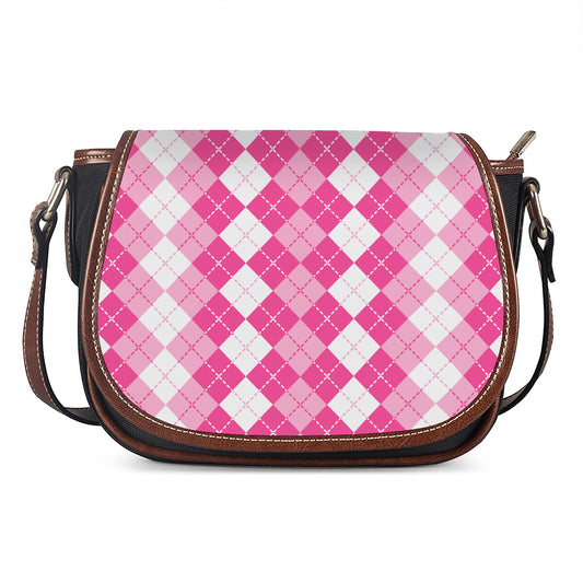 Pink And White Argyle Pattern Print Saddle Bag