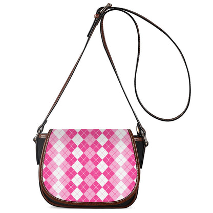 Pink And White Argyle Pattern Print Saddle Bag