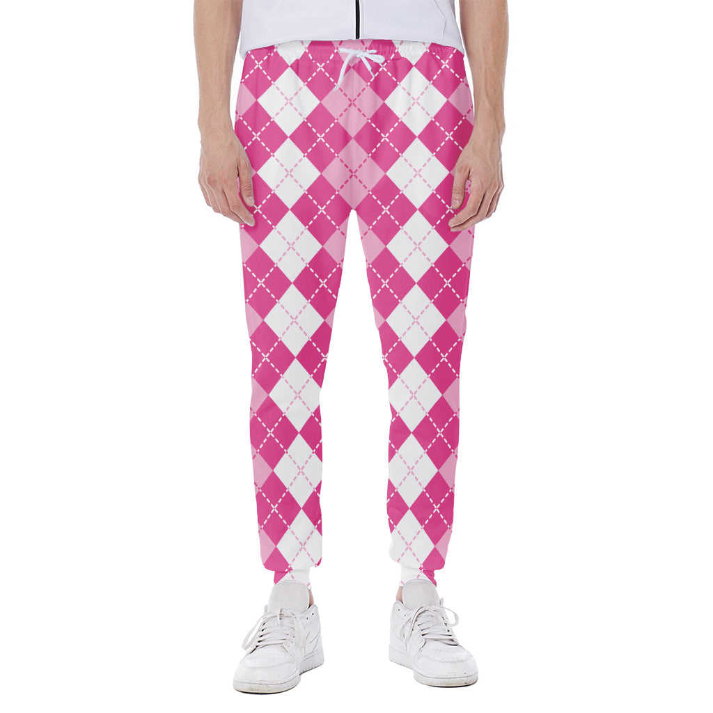 Pink And White Argyle Pattern Print Scuba Joggers