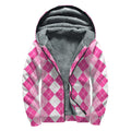 Pink And White Argyle Pattern Print Sherpa Lined Zip Up Hoodie