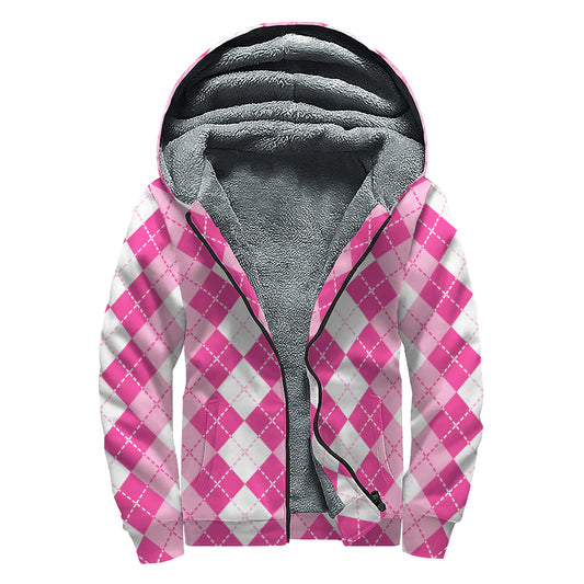 Pink And White Argyle Pattern Print Sherpa Lined Zip Up Hoodie