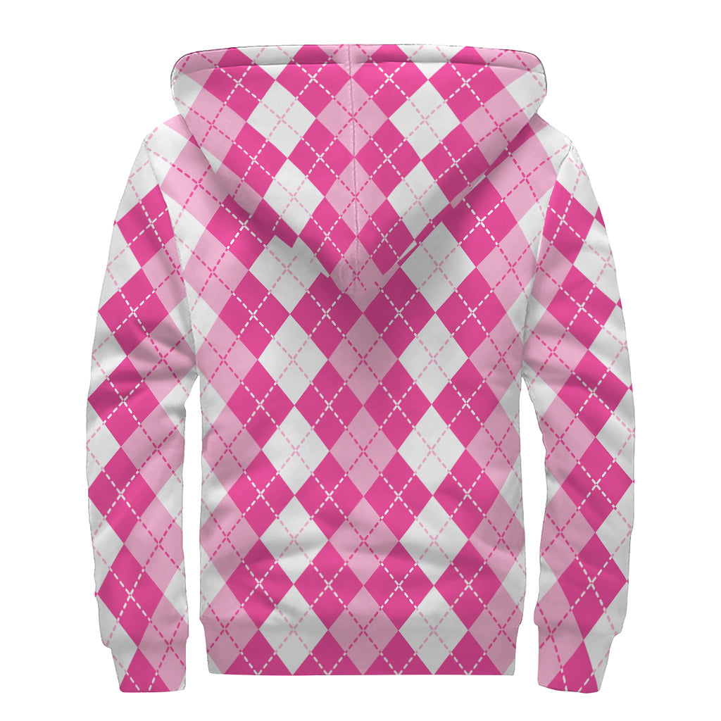 Pink And White Argyle Pattern Print Sherpa Lined Zip Up Hoodie