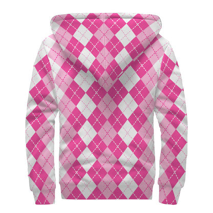 Pink And White Argyle Pattern Print Sherpa Lined Zip Up Hoodie