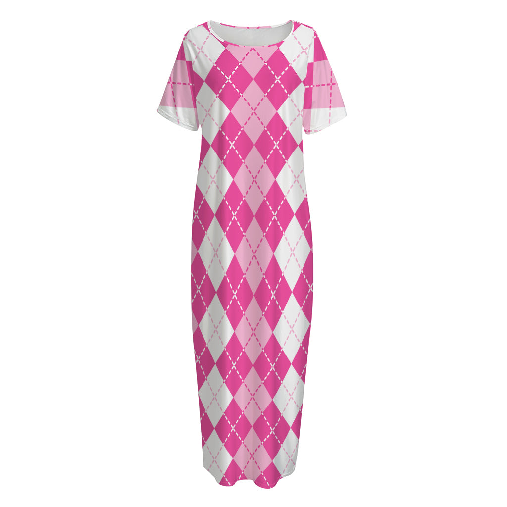 Pink And White Argyle Pattern Print Short Sleeve Long Nightdress