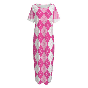 Pink And White Argyle Pattern Print Short Sleeve Long Nightdress