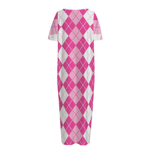 Pink And White Argyle Pattern Print Short Sleeve Long Nightdress