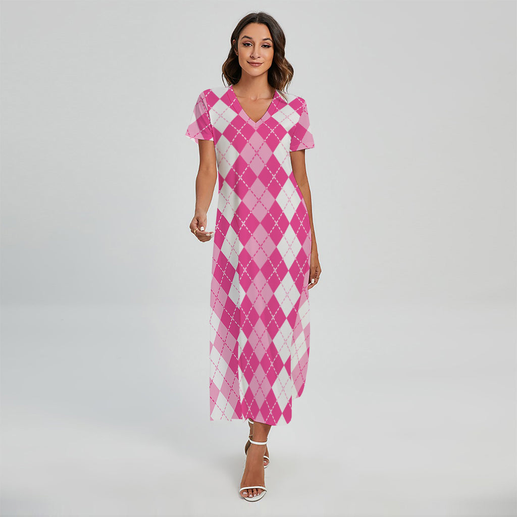 Pink And White Argyle Pattern Print Short Sleeve Maxi Dress