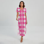 Pink And White Argyle Pattern Print Short Sleeve Maxi Dress
