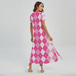 Pink And White Argyle Pattern Print Short Sleeve Maxi Dress