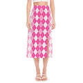 Pink And White Argyle Pattern Print Side Slit Midi Skirt