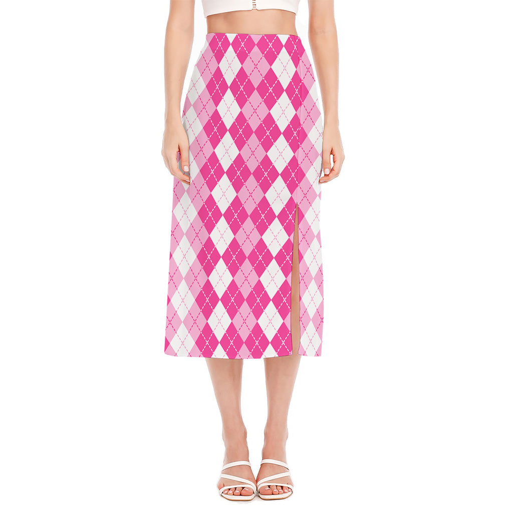 Pink And White Argyle Pattern Print Side Slit Midi Skirt