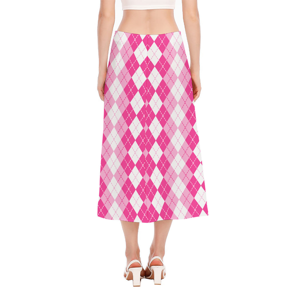 Pink And White Argyle Pattern Print Side Slit Midi Skirt