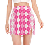 Pink And White Argyle Pattern Print Side Slit Mini Skirt