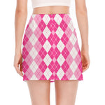 Pink And White Argyle Pattern Print Side Slit Mini Skirt