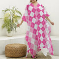 Pink And White Argyle Pattern Print Silk V-Neck Kaftan Dress