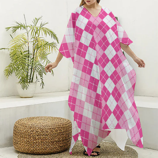 Pink And White Argyle Pattern Print Silk V-Neck Kaftan Dress