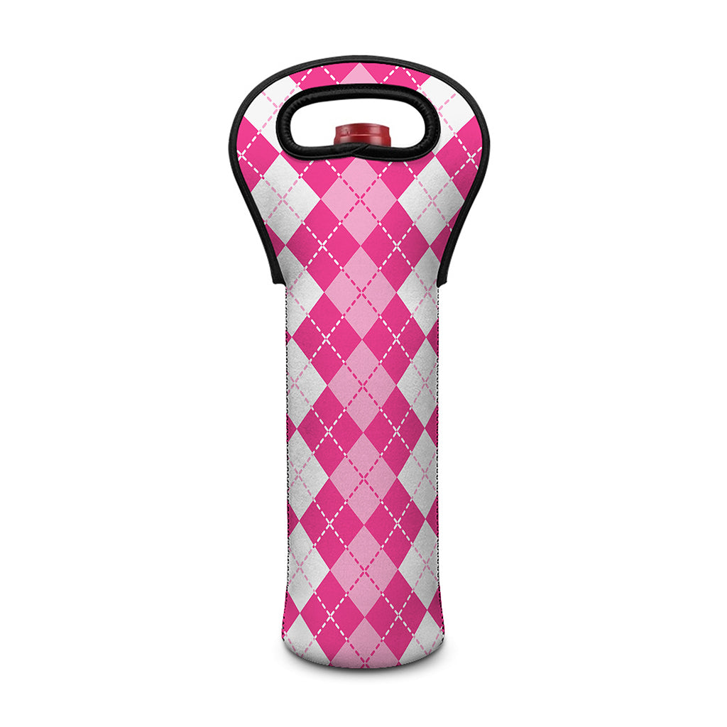 Pink And White Argyle Pattern Print Single Neoprene Wine Tote