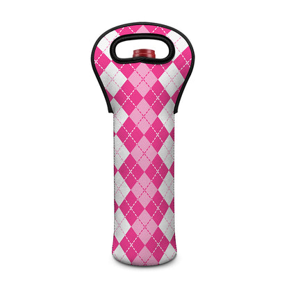 Pink And White Argyle Pattern Print Single Neoprene Wine Tote