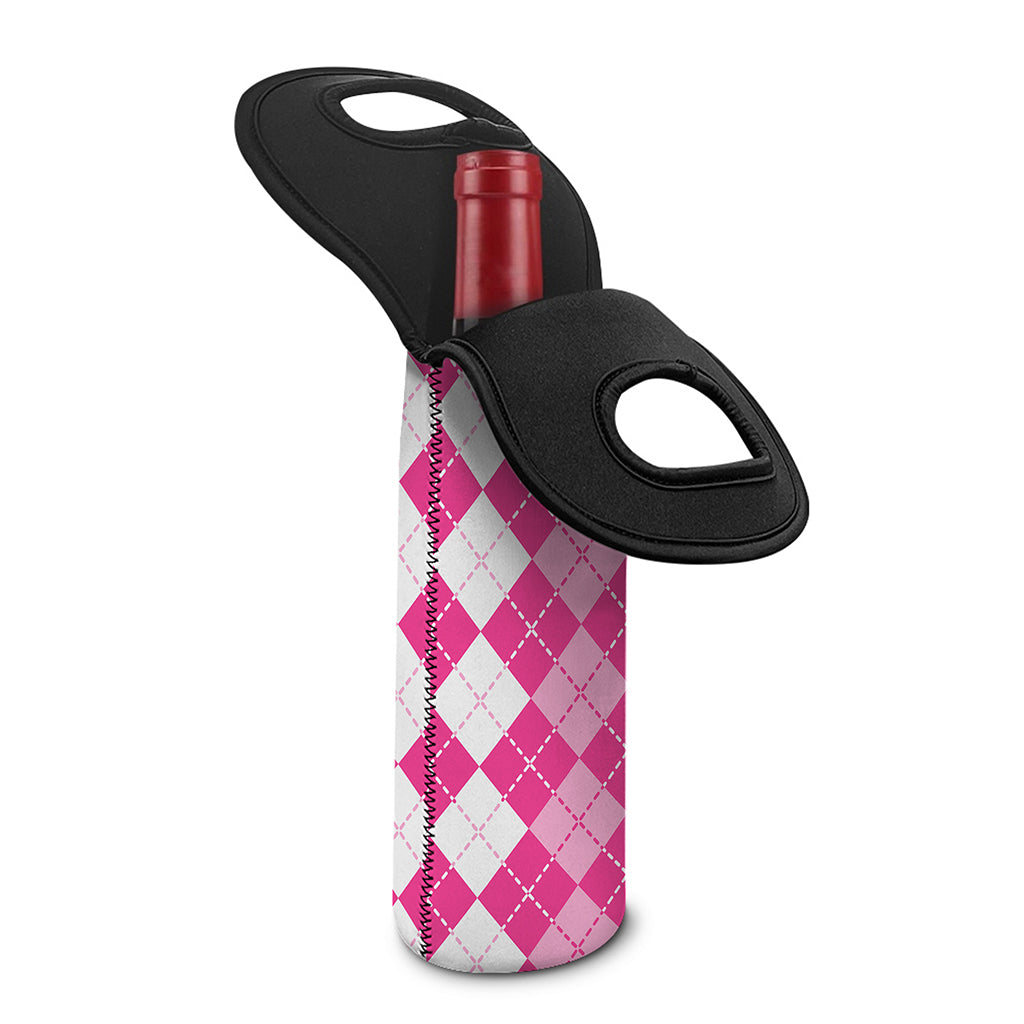 Pink And White Argyle Pattern Print Single Neoprene Wine Tote