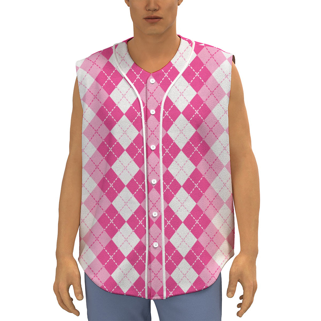 Pink And White Argyle Pattern Print Sleeveless Baseball Jersey